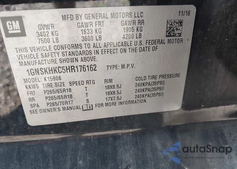 2017 Chevrolet Suburban K1500 Lt z USA, uszkodzony, nr VIN 1GNSKHKC5HR176162